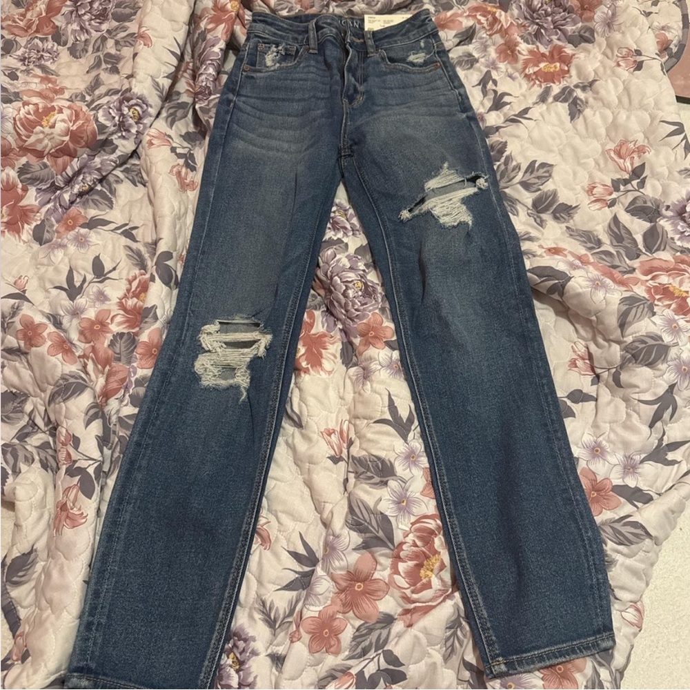 American Eagle Outfitters Blue Straight Leg Jeans with Distressed Details